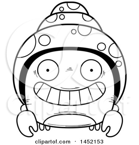 Clipart Graphic of a Cartoon Black and White Lineart Grinning Hermit Crab Character Mascot - Royalty Free Vector Illustration by Cory Thoman