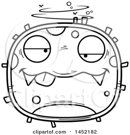 Clipart Graphic of a Cartoon Black and White Lineart Drunk Germ Character Mascot - Royalty Free Vector Illustration by Cory Thoman