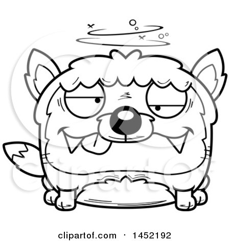 Clipart Graphic of a Cartoon Black and White Lineart Drunk Fox Character Mascot - Royalty Free Vector Illustration by Cory Thoman