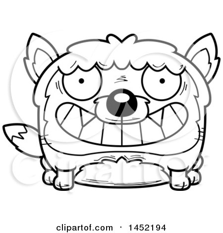 Clipart Graphic of a Cartoon Black and White Lineart Grinning Fox Character Mascot - Royalty Free Vector Illustration by Cory Thoman