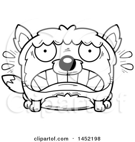 Clipart Graphic of a Cartoon Black and White Lineart Scared Fox Character Mascot - Royalty Free Vector Illustration by Cory Thoman