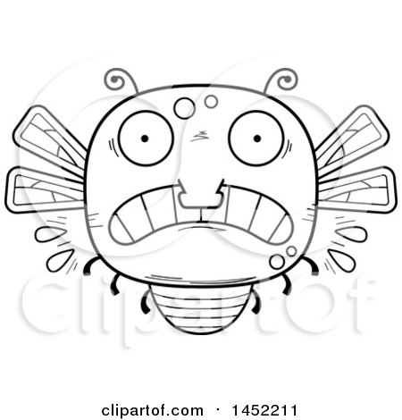 Clipart Graphic of a Cartoon Black and White Lineart Scared Dragonfly Character Mascot - Royalty Free Vector Illustration by Cory Thoman