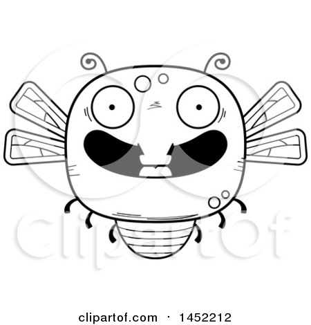 Clipart Graphic of a Cartoon Black and White Lineart Happy Dragonfly Character Mascot - Royalty Free Vector Illustration by Cory Thoman