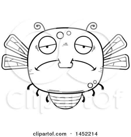 Clipart Graphic of a Cartoon Black and White Lineart Sad Dragonfly Character Mascot - Royalty Free Vector Illustration by Cory Thoman