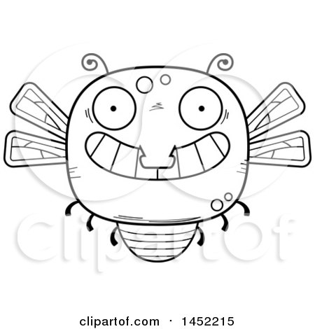 Clipart Graphic of a Cartoon Black and White Lineart Grinning Dragonfly Character Mascot - Royalty Free Vector Illustration by Cory Thoman