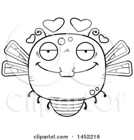 Clipart Graphic of a Cartoon Black and White Lineart Loving Dragonfly Character Mascot - Royalty Free Vector Illustration by Cory Thoman