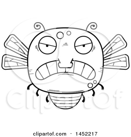 Clipart Graphic of a Cartoon Black and White Lineart Mad Dragonfly Character Mascot - Royalty Free Vector Illustration by Cory Thoman