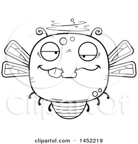 Clipart Graphic of a Cartoon Black and White Lineart Drunk Dragonfly Character Mascot - Royalty Free Vector Illustration by Cory Thoman