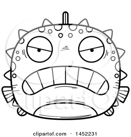 Clipart Graphic of a Cartoon Black and White Lineart Mad Blowfish Character Mascot - Royalty Free Vector Illustration by Cory Thoman