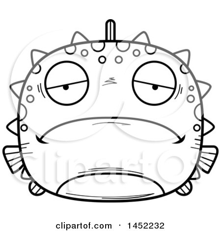 Clipart Graphic of a Cartoon Black and White Lineart Sad Blowfish Character Mascot - Royalty Free Vector Illustration by Cory Thoman