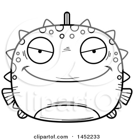 Clipart Graphic of a Cartoon Black and White Lineart Evil Blowfish Character Mascot - Royalty Free Vector Illustration by Cory Thoman