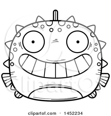 Clipart Graphic of a Cartoon Black and White Lineart Grinning Blowfish Character Mascot - Royalty Free Vector Illustration by Cory Thoman