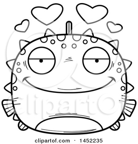 Clipart Graphic of a Cartoon Black and White Lineart Loving Blowfish Character Mascot - Royalty Free Vector Illustration by Cory Thoman