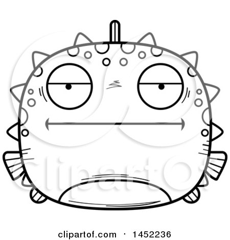 Clipart Graphic of a Cartoon Black and White Lineart Bored Blowfish Character Mascot - Royalty Free Vector Illustration by Cory Thoman