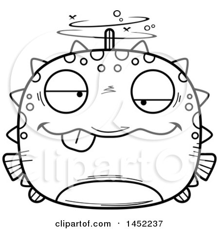 Clipart Graphic of a Cartoon Black and White Lineart Drunk Blowfish Character Mascot - Royalty Free Vector Illustration by Cory Thoman