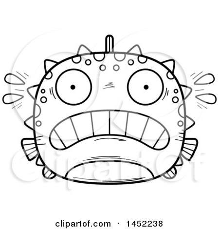 Clipart Graphic of a Cartoon Black and White Lineart Scared Blowfish Character Mascot - Royalty Free Vector Illustration by Cory Thoman