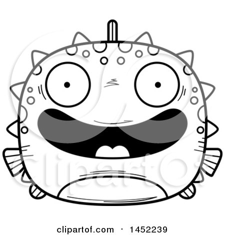 Clipart Graphic of a Cartoon Black and White Lineart Happy Blowfish Character Mascot - Royalty Free Vector Illustration by Cory Thoman