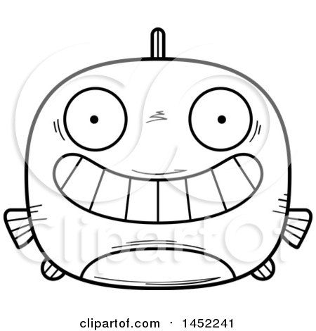 Clipart Graphic of a Cartoon Black and White Lineart Grinning Fish Character Mascot - Royalty Free Vector Illustration by Cory Thoman