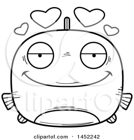 Clipart Graphic of a Cartoon Black and White Lineart Loving Fish Character Mascot - Royalty Free Vector Illustration by Cory Thoman