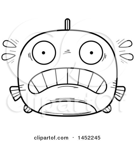 Clipart Graphic of a Cartoon Black and White Lineart Scared Fish Character Mascot - Royalty Free Vector Illustration by Cory Thoman
