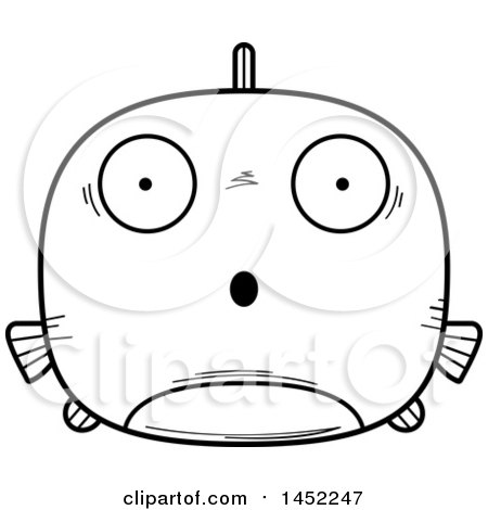 Clipart Graphic of a Cartoon Black and White Lineart Surprised Fish Character Mascot - Royalty Free Vector Illustration by Cory Thoman