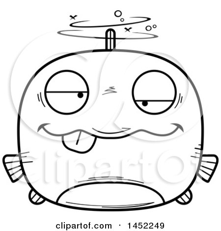 Clipart Graphic of a Cartoon Black and White Lineart Drunk Fish Character Mascot - Royalty Free Vector Illustration by Cory Thoman