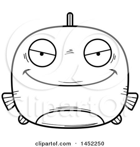 Clipart Graphic of a Cartoon Black and White Lineart Evil Fish Character Mascot - Royalty Free Vector Illustration by Cory Thoman