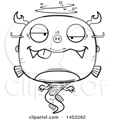 Clipart Graphic of a Cartoon Black and White Lineart Drunk Chinese Dragon Character Mascot - Royalty Free Vector Illustration by Cory Thoman