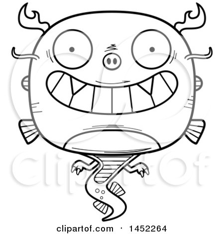 Clipart Graphic of a Cartoon Black and White Lineart Grinning Chinese Dragon Character Mascot - Royalty Free Vector Illustration by Cory Thoman