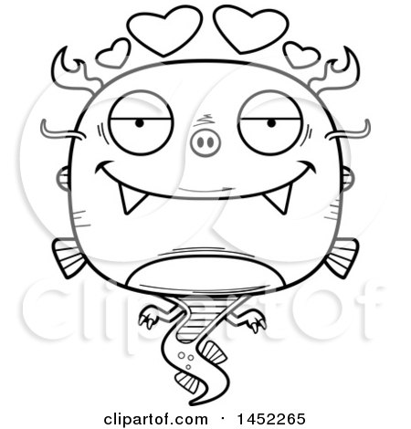Clipart Graphic of a Cartoon Black and White Lineart Loving Chinese Dragon Character Mascot - Royalty Free Vector Illustration by Cory Thoman
