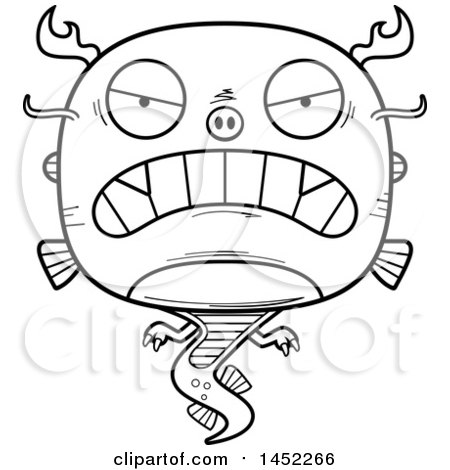 Clipart Graphic of a Cartoon Black and White Lineart Mad Chinese Dragon Character Mascot - Royalty Free Vector Illustration by Cory Thoman