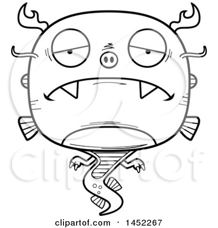 Clipart Graphic of a Cartoon Black and White Lineart Sad Chinese Dragon Character Mascot - Royalty Free Vector Illustration by Cory Thoman