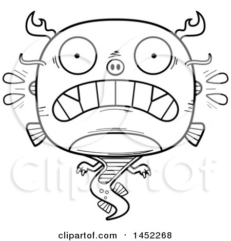 Clipart Graphic of a Cartoon Black and White Lineart Scared Chinese Dragon Character Mascot - Royalty Free Vector Illustration by Cory Thoman