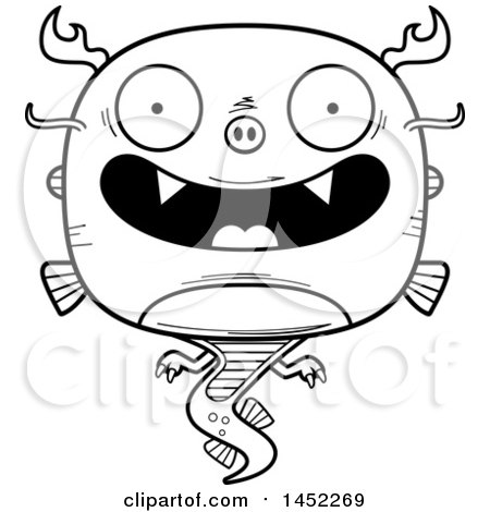 Clipart Graphic of a Cartoon Black and White Lineart Happy Chinese Dragon Character Mascot - Royalty Free Vector Illustration by Cory Thoman
