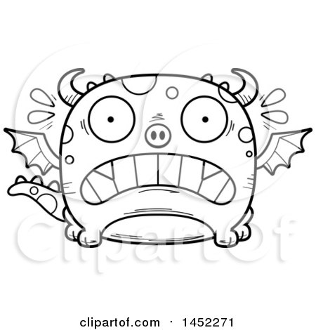 Clipart Graphic of a Cartoon Black and White Lineart Scared Dragon Character Mascot - Royalty Free Vector Illustration by Cory Thoman