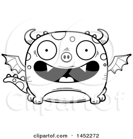 Clipart Graphic of a Cartoon Black and White Lineart Happy Dragon Character Mascot - Royalty Free Vector Illustration by Cory Thoman