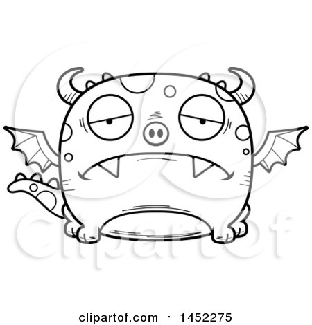 Clipart Graphic of a Cartoon Black and White Lineart Sad Dragon Character Mascot - Royalty Free Vector Illustration by Cory Thoman