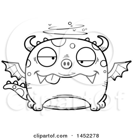 Clipart Graphic of a Cartoon Black and White Lineart Drunk Dragon Character Mascot - Royalty Free Vector Illustration by Cory Thoman