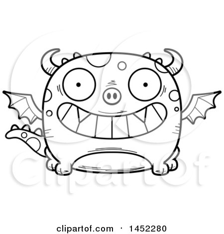 Clipart Graphic of a Cartoon Black and White Lineart Grinning Dragon Character Mascot - Royalty Free Vector Illustration by Cory Thoman