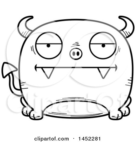 Clipart Graphic of a Cartoon Black and White Lineart Bored Devil Character Mascot - Royalty Free Vector Illustration by Cory Thoman