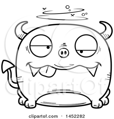 Clipart Graphic of a Cartoon Black and White Lineart Drunk Devil Character Mascot - Royalty Free Vector Illustration by Cory Thoman