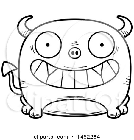 Clipart Graphic of a Cartoon Black and White Lineart Grinning Devil Character Mascot - Royalty Free Vector Illustration by Cory Thoman