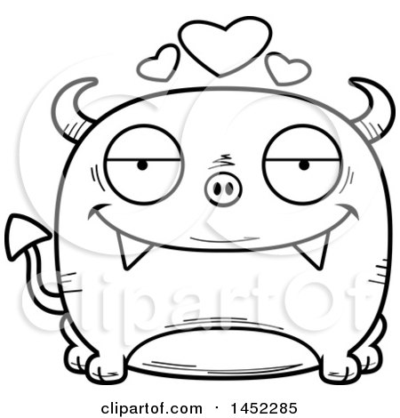 Clipart Graphic of a Cartoon Black and White Lineart Loving Devil Character Mascot - Royalty Free Vector Illustration by Cory Thoman