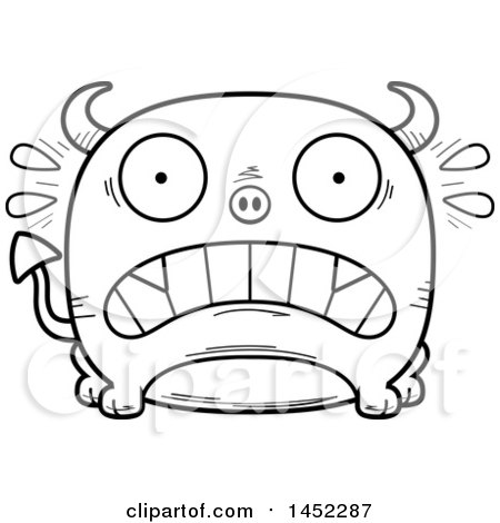 Clipart Graphic of a Cartoon Black and White Lineart Scared Devil Character Mascot - Royalty Free Vector Illustration by Cory Thoman