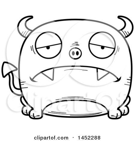 Clipart Graphic of a Cartoon Black and White Lineart Sad Devil Character Mascot - Royalty Free Vector Illustration by Cory Thoman