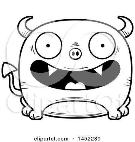 Clipart Graphic of a Cartoon Black and White Lineart Happy Devil Character Mascot - Royalty Free Vector Illustration by Cory Thoman
