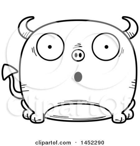 Clipart Graphic of a Cartoon Black and White Lineart Surprised Devil Character Mascot - Royalty Free Vector Illustration by Cory Thoman