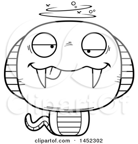 Clipart Graphic of a Cartoon Black and White Lineart Drunk Cobra Snake Character Mascot - Royalty Free Vector Illustration by Cory Thoman