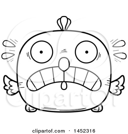 Clipart Graphic of a Cartoon Black and White Lineart Scared Chick Character Mascot - Royalty Free Vector Illustration by Cory Thoman