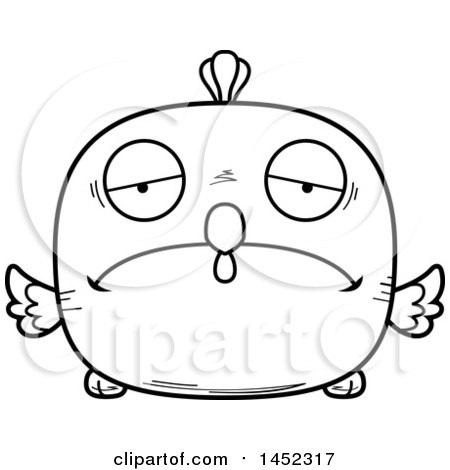 Clipart Graphic of a Cartoon Black and White Lineart Sad Chick Character Mascot - Royalty Free Vector Illustration by Cory Thoman